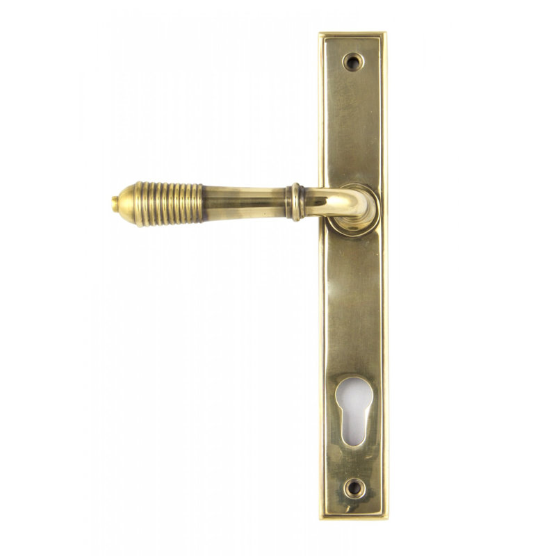 Reeded Lock Door Handle Kit, Aged Brass