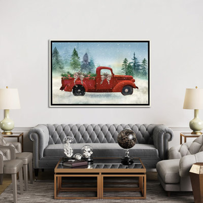 Red Truck Winter - reproduction d'art murale - toile encadrée