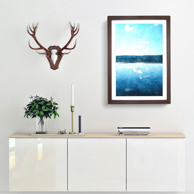 Red Kayak On A Lake In Sweden - Single Picture Frame Print on MDF, 33cm H x 24cm W x 2cm D, Walnut Framed