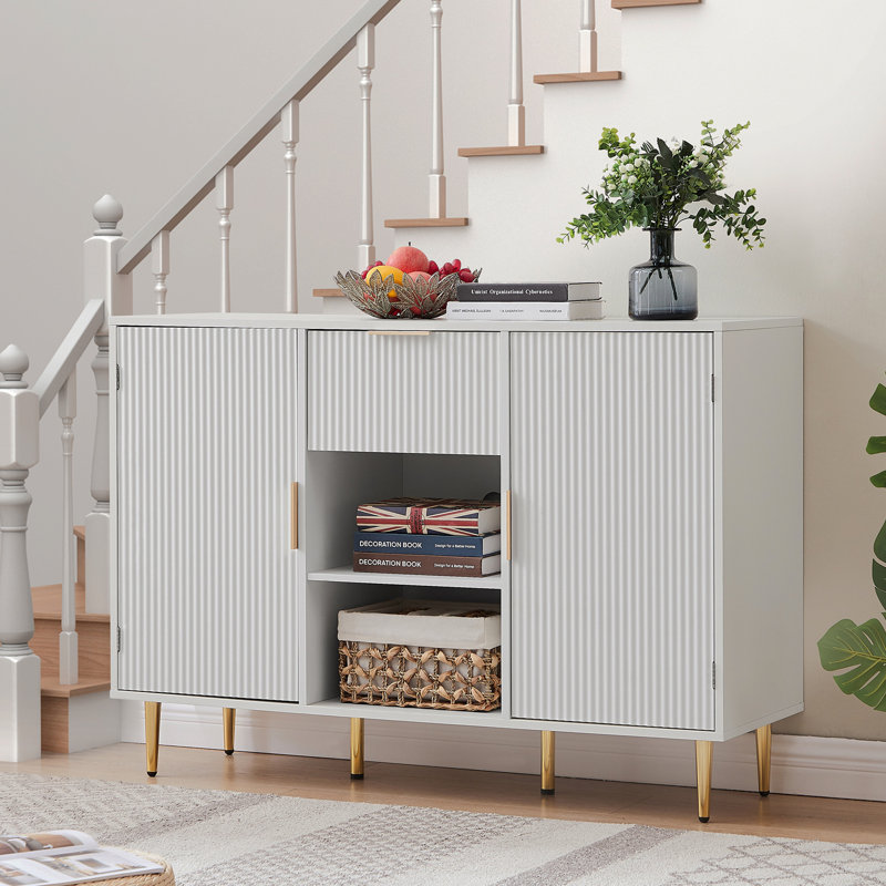 Armoire de rangement à motif de vagues à 2 portes avec tiroirs et buffets pour le salon, la salle à manger, la chambre à coucher, le couloir, blanc, l 47,2 po x P 15,8 po x H 33,5 po.