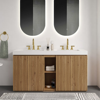 Meuble-lavabo en chêne noueux 60F avec lavabo et trois trous de robinet, grand meuble-lavabo autoportant avec rangement pour salle de bain moderne, lavabo une pièce à double cuve blanche sans drain ni robinet, KD