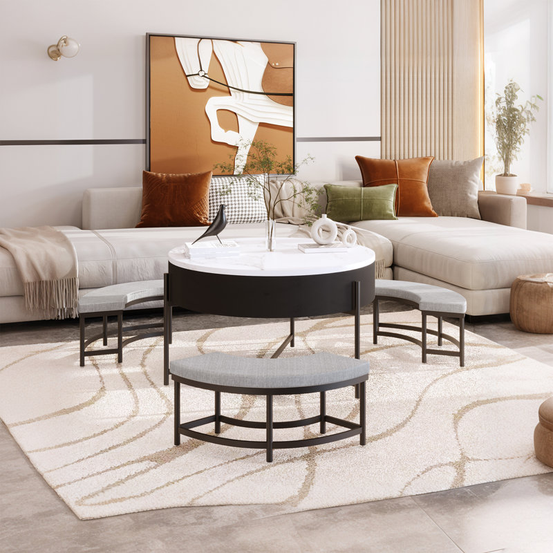 Table basse moderne à plateau relevable avec rangement et 3 tabourets, Noir
