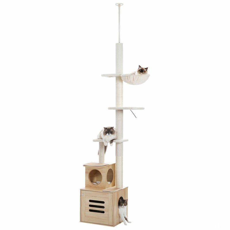 Arbre à chat à hauteur réglable 6 niveaux avec bac à litière, Beige