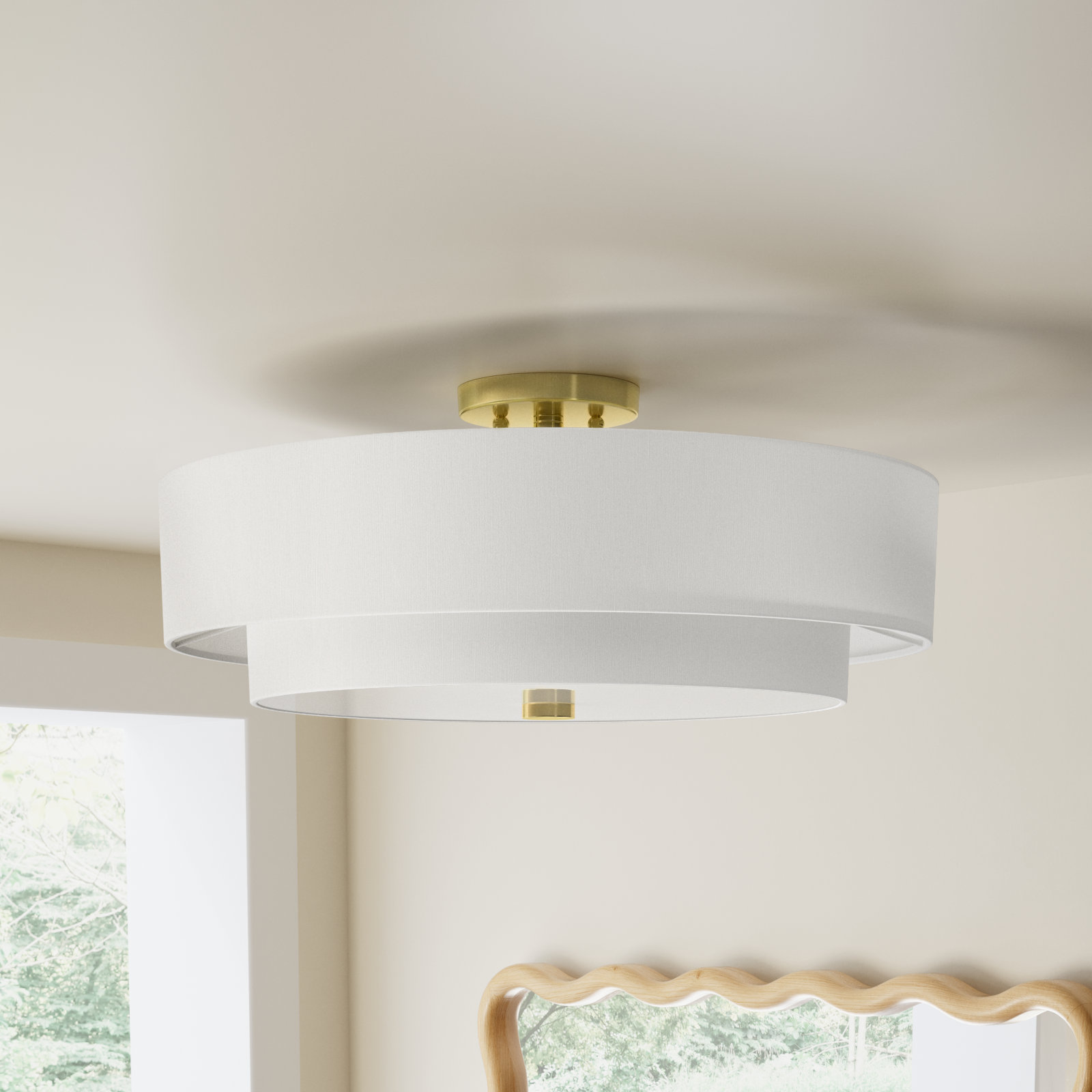 Flaire 5 Light Linen Blend Semi Flush Mount, Off-White, Satin Brass