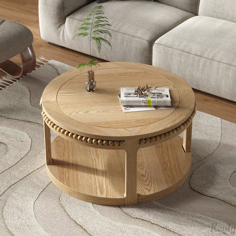 Table basse et canapé de 31,5 pouces en bois massif rond - plateau épaissi à deux niveaux, pieds robustes, table circulaire pour le salon