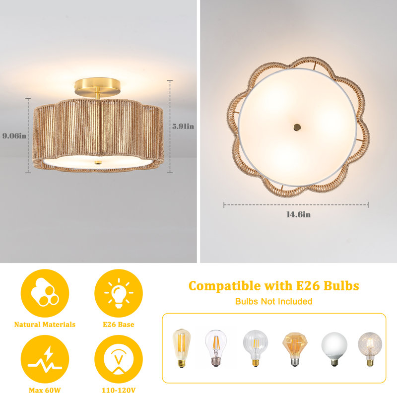 3-Light 12.6" Boho Rattan Semi Flush Mount Ceiling Light, Modern Hand-Woven Light Fixture For Bedroom Nursery Kitchen Hallway And Entryway(Brown)