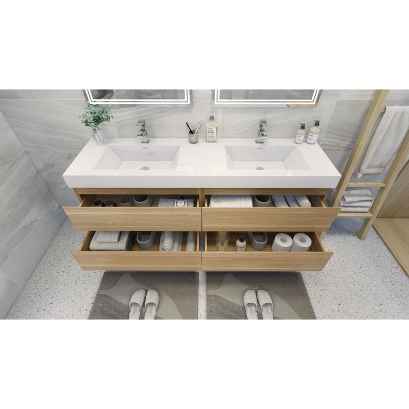 Mitul 70.75'' Double Bathroom Vanity with Acrylic Top, White Oak