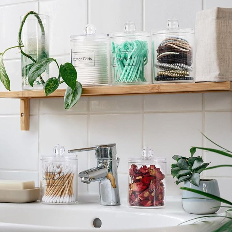 Ensemble de 6 distributeurs de porte-coton-tige en coton, coton-tige, boule, tampons ronds, choix de soie - ensemble de pots d'apothicaire en plastique transparent, rangement pour boîte de bain, organisateur de maquillage pour la coiffeuse