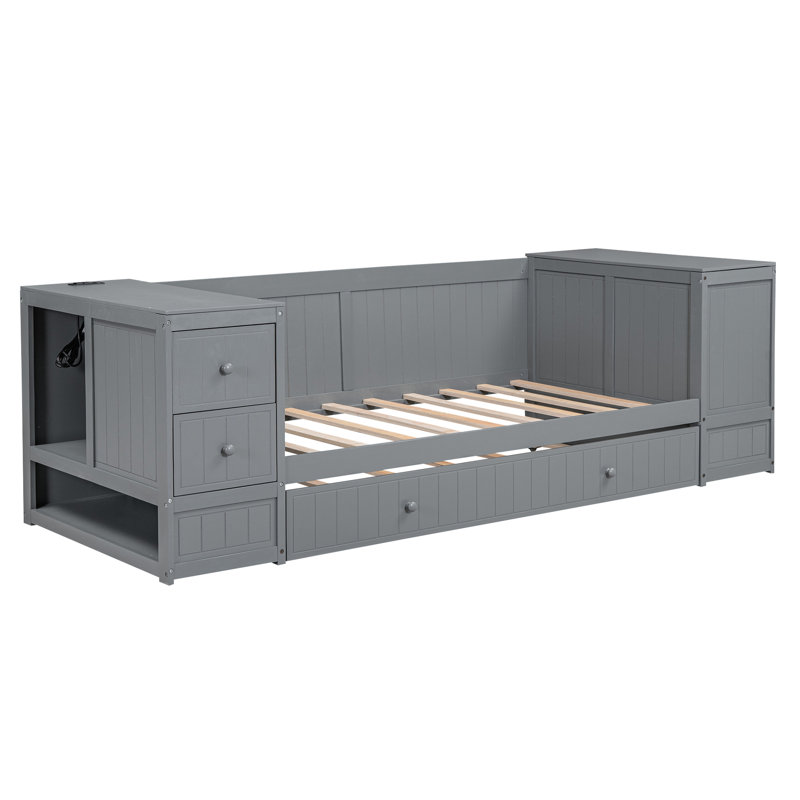 Gray Twin Daybed With Stationery Storage, Trundle - Wood Frame Charging Functional Construction, Gray