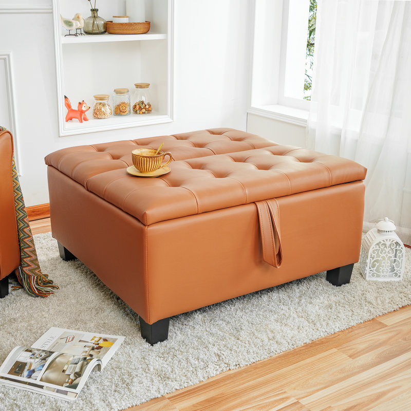 Ciara 35.43" Wide Button Tufted Square Storage Ottoman Upholstered Lift Top Large Ottoman Coffee Table, Caramel Faux Leather