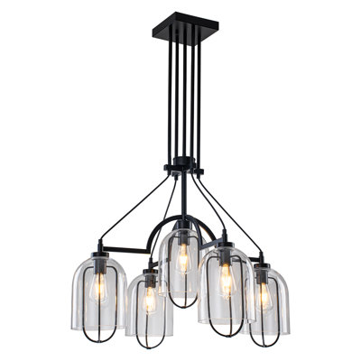 Lustre de style campagne moderne 31,5 po à 5 lumières avec abat-jour cloche en verre transparent, hauteur réglable en fer noir mat pour salle à manger