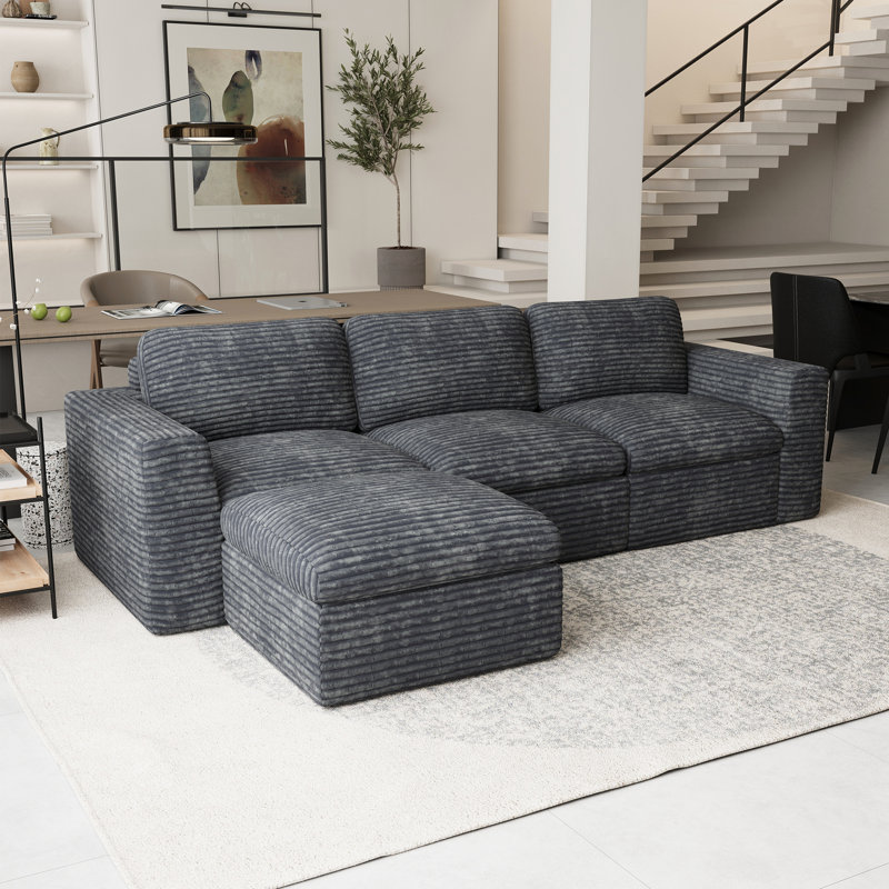 Boneless L-Shaped Wide Corduroy Compression Sponge Sofa 3-Seater Cloud Boneless Sofa, No Assembly Required, Gray