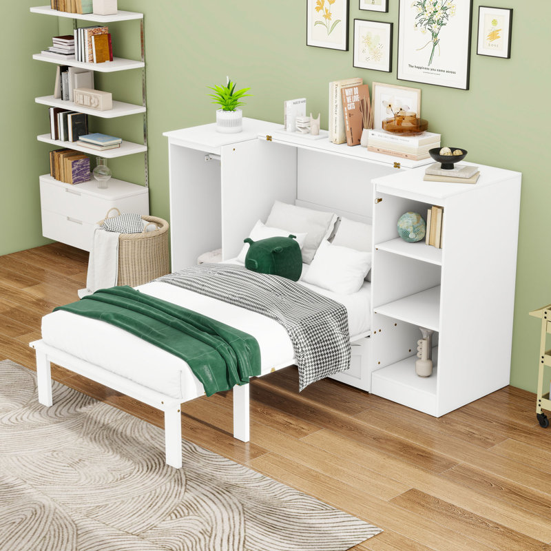 Lit escamotable simple avec garde-robe et tablettes, tiroir
