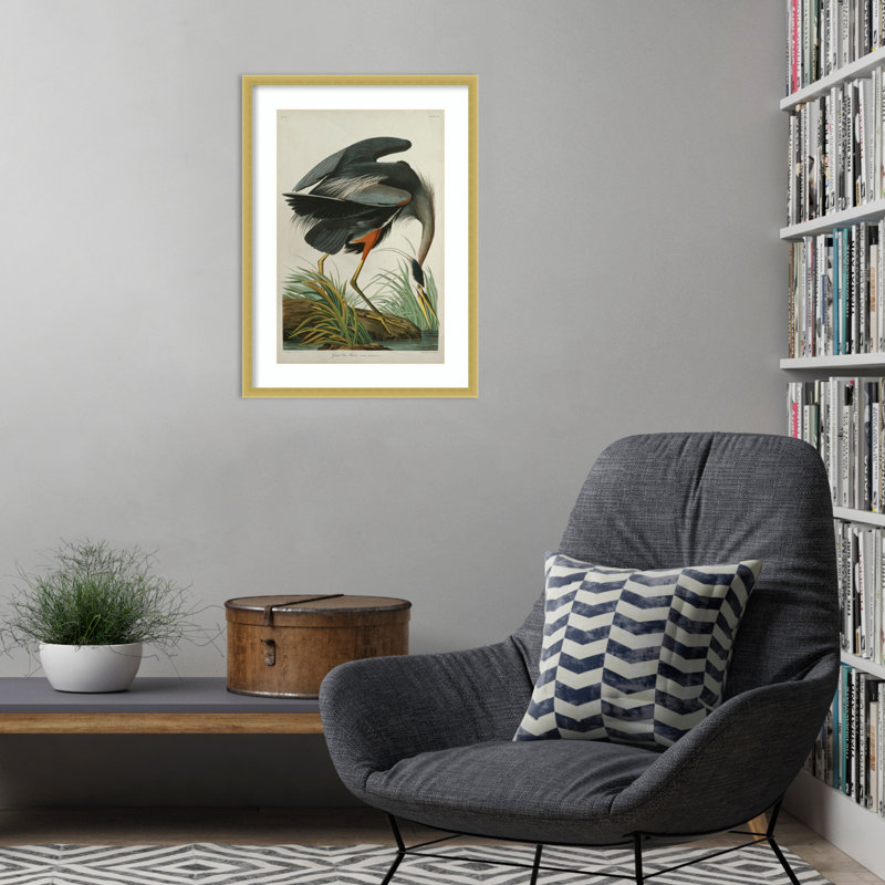 «Great Blue Heron in Pearl White» par John James Audubon, reproduction d'art encadrée sur bois, H 25 po x l 19 po