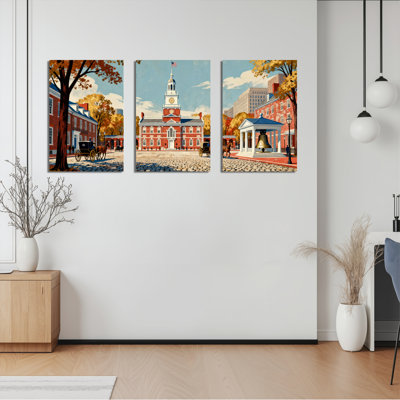 Philadelphia Independence Hall and Liberty Bell, reproduction d'art sur toile tendue sur toile, ensemble de 3
