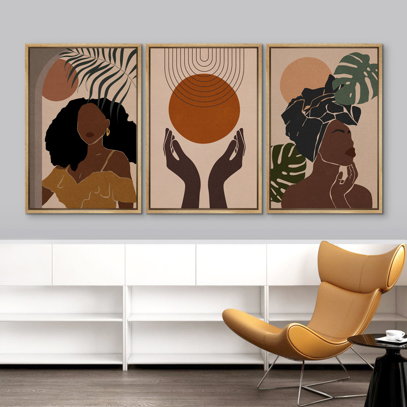 Mid Century Modern Boho, style afro-américain élégant, femme noire, H 24 po x l 48 po, Cadre naturel flottant