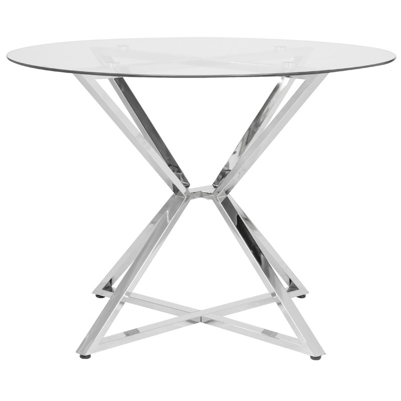 Xander Round Glass Top Metal Base Dining Table, Clear Top/Chrome Base