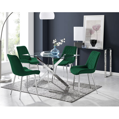 Lenworth Modern Chrome Metal and Glass Dining Table Set with 4 Luxury Velvet Dining Chairs