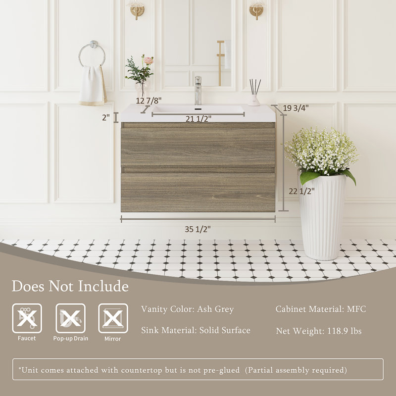 Meuble-lavabo flottant 36 po avec lavabo 36 po, Bois de frêne gris