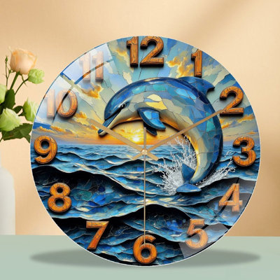 Horloge murale silencieuse en verre trempé de 30 cm, « Horloge murale dauphin », sans tic-tac, fonctionne avec des piles AA (non incluses), décoration artistique pour la maison