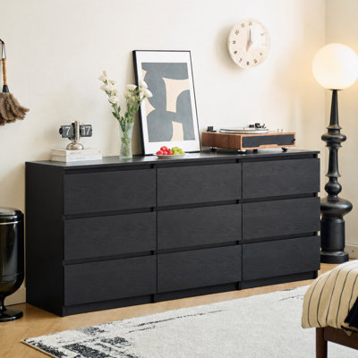63" Black 9 Drawer Dresser With Wood Grain Finish, Soft Closing Metal Slides, Mid Century Wood Dresser For Bedroom