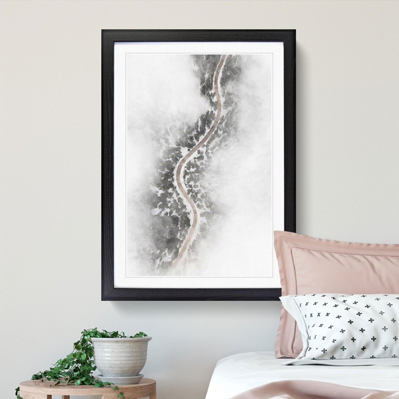 Road Through a Winter Forest - Picture Frame Graphic Art Print, 63cm H x 45cm W x 2cm D, Black Framed