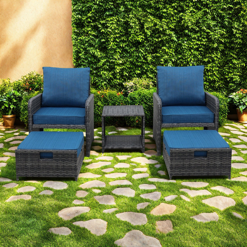 Ensemble de meubles de patio 5 pièces en osier avec repose-pieds pour conversation, Bleu