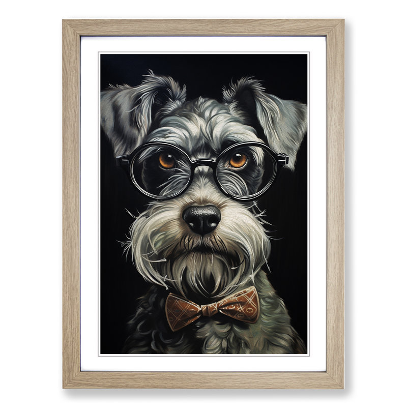 Schnauzer With Glasses - Single Picture Frame Print on Wood, 64cm H x 46cm W x 2cm D, Oak