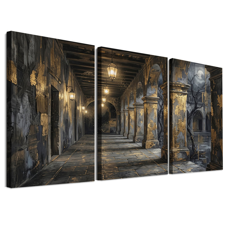 Ensemble de 3 toiles murales représentant un couloir voûté au clair de lune avec des piliers dorés