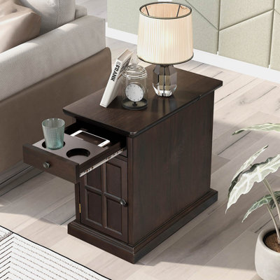 Table d'appoint Classic Vintage Livingroom avec ports USB et un tiroir multifonctionnel avec porte-gobelets