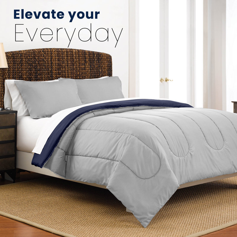 Martex Solid Color Reversible Comforter and Sham Bedding Set Super Soft Brushed Fabric, Light Grey/Navy