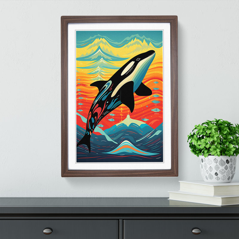 Orca Whale Op No.2 - Single Picture Frame Print on Wood, 64cm H x 46cm W x 2cm D, Walnut Framed