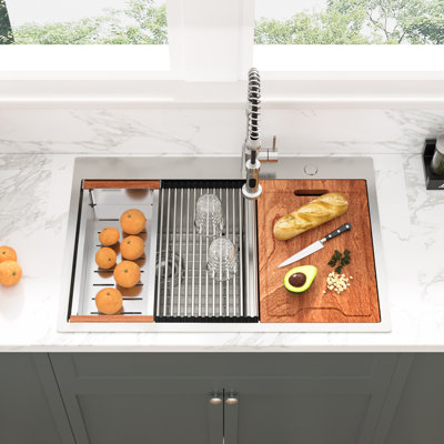 33'' L 60/40 Double Bowl Drop-In Kitchen Sink SUS304 Stainless Steel Sink With Ledge Workstation And Accessories