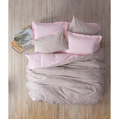 Ensemble de housse de couette 100% coton Ranforce, rose et gris, 78,7 po x 78,7 po | 2 taies d'oreiller (31,5 po x 31,5 po) | Impression de pigments, lavable à la machine, fermeture à boutons | Literie douce, durable et élégante pour toute chambre à coucher