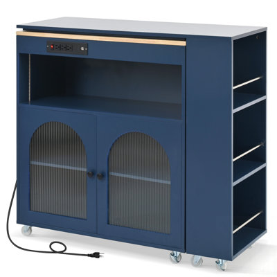 Rolling Kitchen Island with LED Lights, Power Outlets, and Fluted Glass Doors for Enhanced Storage and Convenience