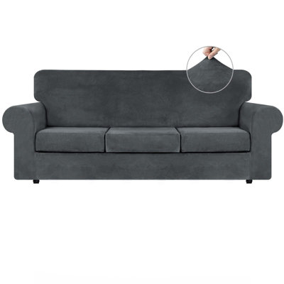 4 housses de canapé en velours extensibles pour 3 housses de canapé à 3 coussins, protecteur de meubles lavables avec fond élastique antidérapant, tissu moelleux doux et épais, gris foncé, grand