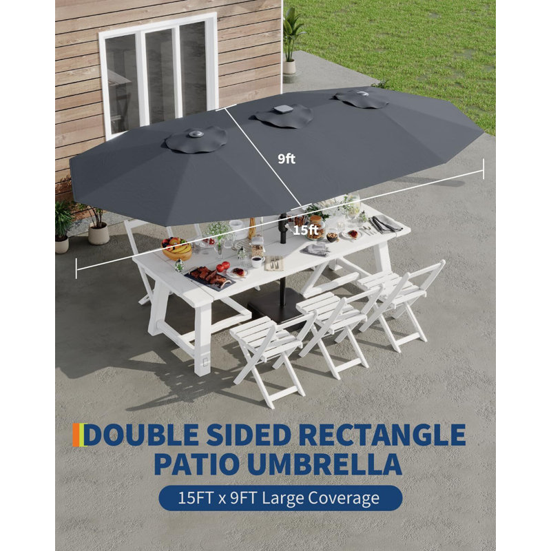 Grand parasol de patio 15 pi avec base, protection contre les rayons UV, pour la sécurité solaire, Gris