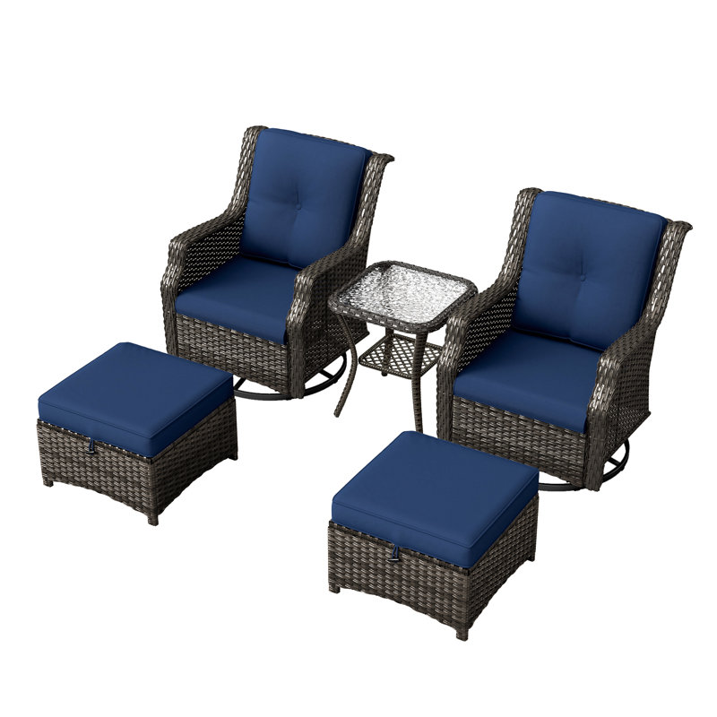 Ensemble de meubles de patio en osier 5 pièces avec 2 chaises, repose-pieds, table d'appoint et coussin bleu, Bleu