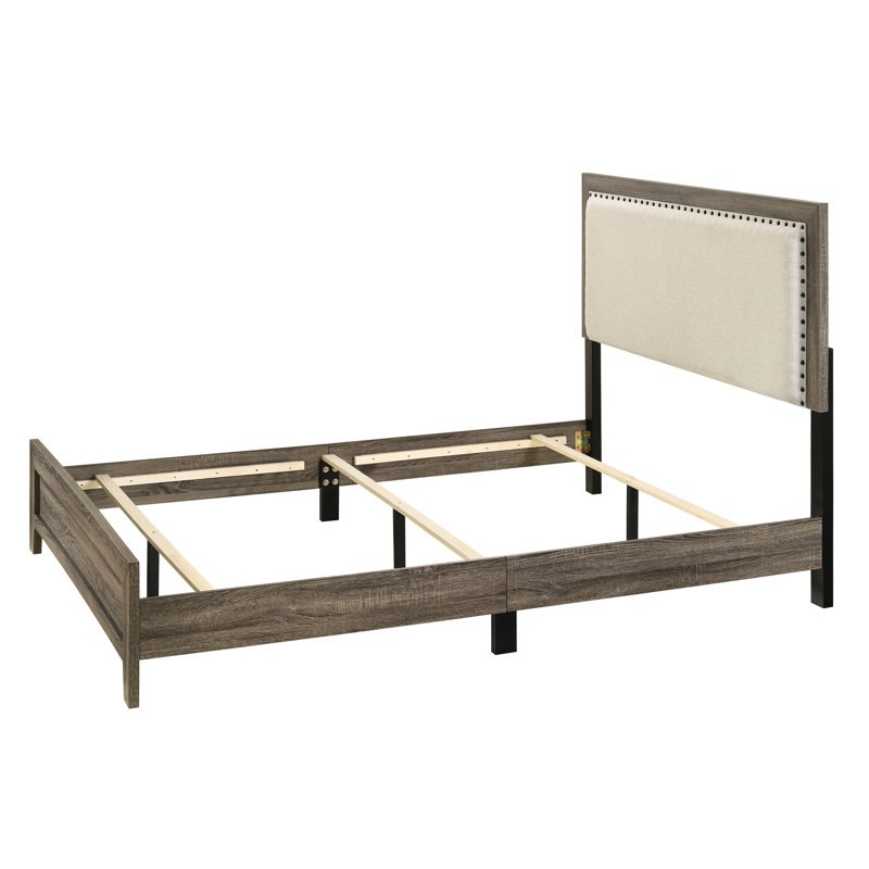 Tête de lit tapissier élégante à grand lit avec revêtement en tissu gris et base en bois, Gris, Grand lit