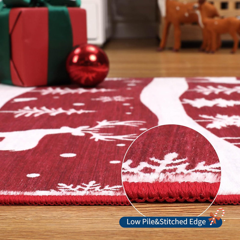 Red Rug, Washable Low Pile Christmas Carpet, Non Slip Soft Indoor Mat for Kitchen, Entryway or Living Room