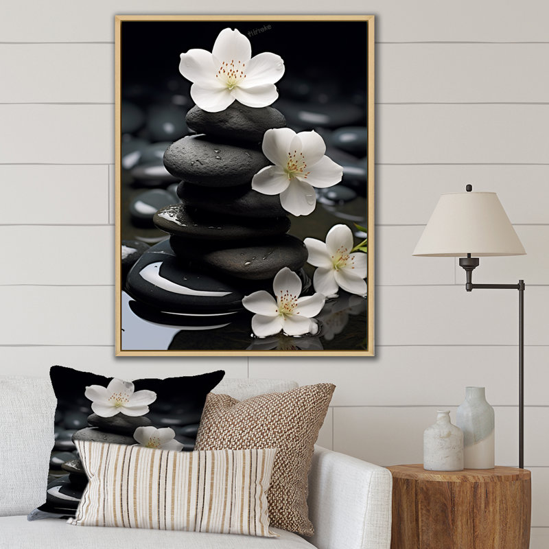 Zen Zen Serenity fleurs blanches pierre noire Cairn - impressions spirituelles sur pierre, H 20 po x l 12 po, Érable
