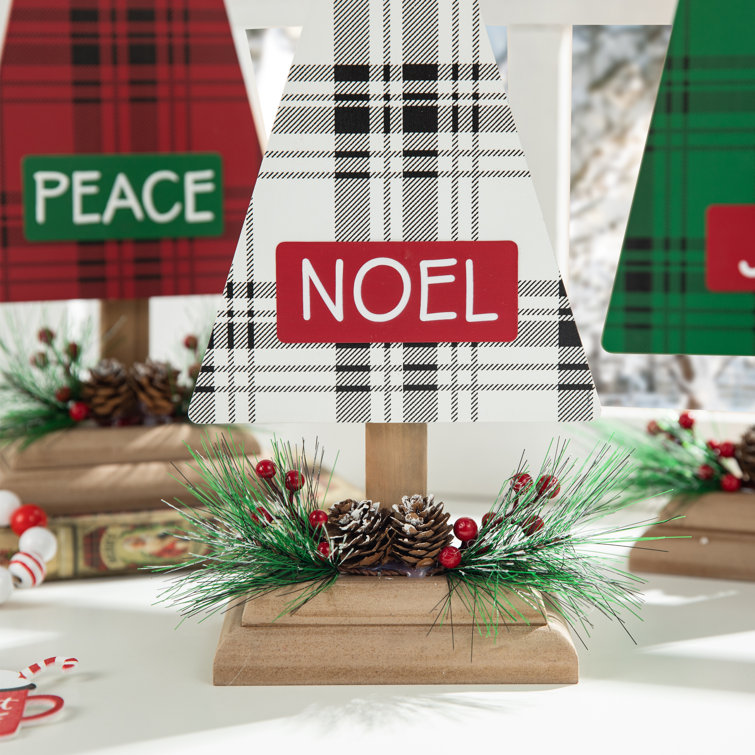 Whaline 5Pcs Wooden Christmas Tree Tabletop Decoration 3 Sizes Red Green  Plaid Xmas Tree Table Centerpieces Rustic Sanding Christmas Tree Wood Sign
