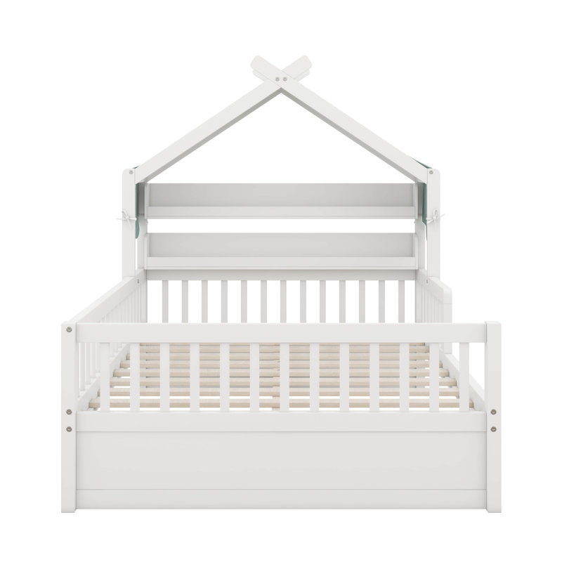 Lit maison en bois avec tablette de rangement pour tête de lit, Lit simple, Blanc