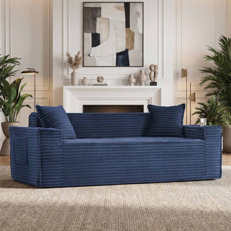 80'' W Compression Bean Bag Sofa Faux Fur Upholstered Couch Floor Sofa With Pillows&Cup Holders&Side Pocket, Blue