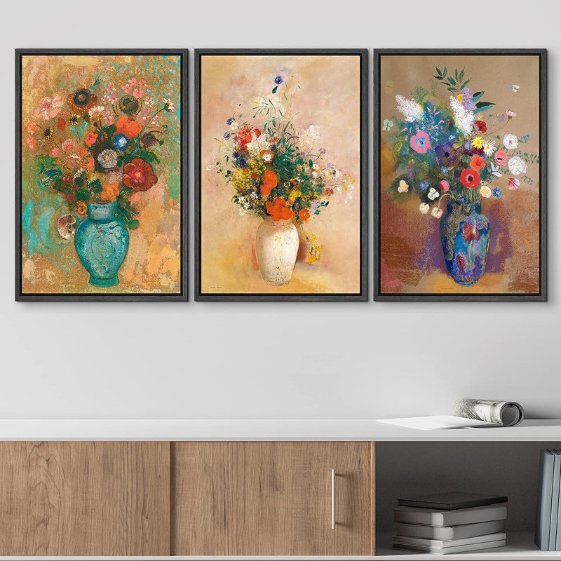 3 pièces dans des vases, H 36 po x l 24 po x P 1,5 po, Cadre en plastique noir