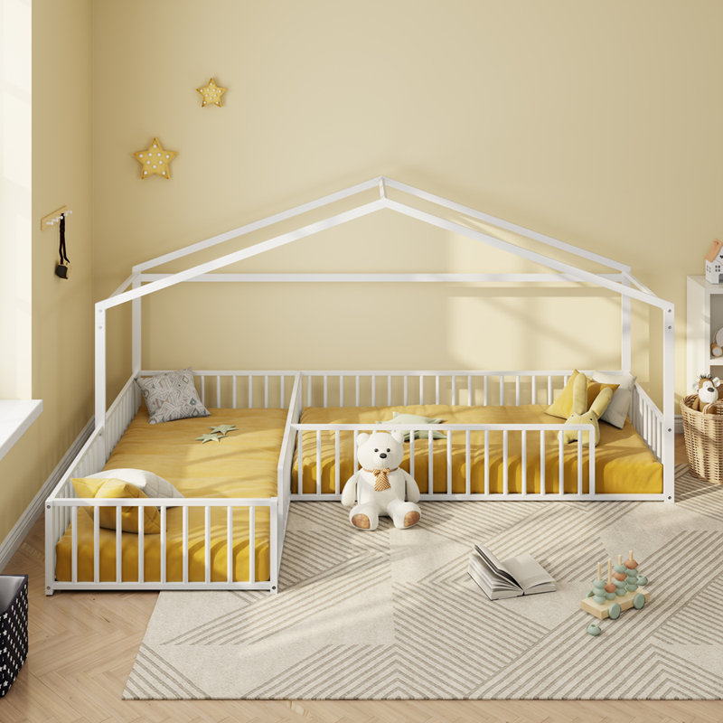 Double Twin Size L-Shaped Montessori Bed, Metal Corner House Bed Frame with Safety Fence, Ideal for Kids' Rooms and Play Areas