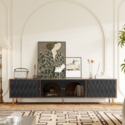 4-Door TV Stand for TVs up to 85" With Stroage Cabinet and Arch Glass Door