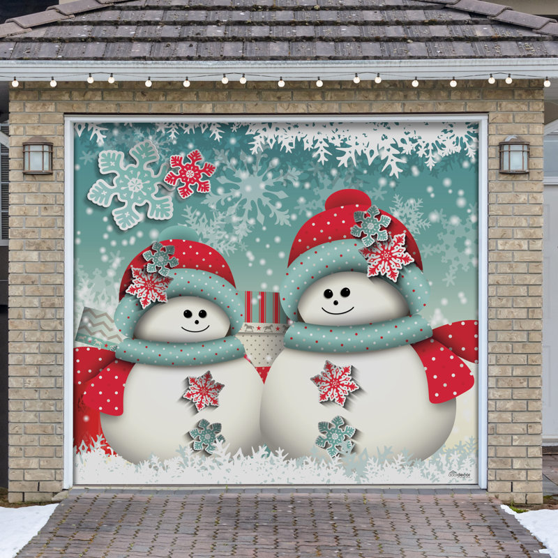 Bannière de porte de garage simple Joyful Snowman 7 pi x 8 pi - Décorations des Fêtes pour l'extérieur