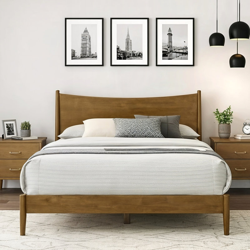 Locke Revalo Mid-Century Solid Wood Queen Platform Bed With Curved Headboard, Brown