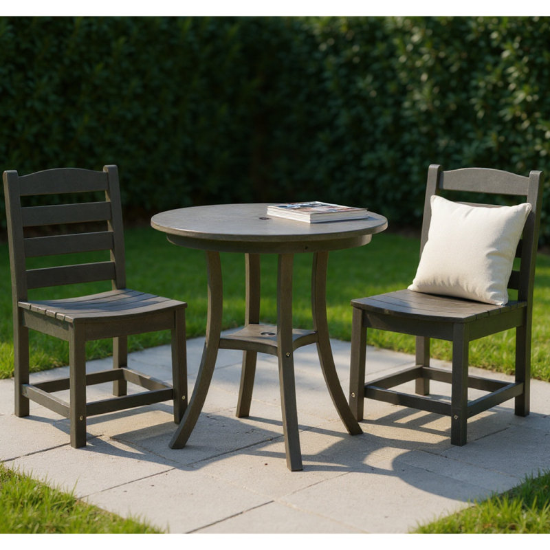 Ensemble de salle à manger d'extérieur 3 pièces avec table de patio ronde en PEHD et 2 chaises sans accoudoirs, toutes saisons